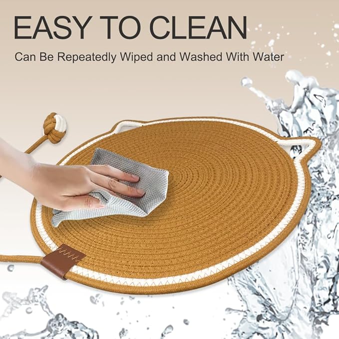 Personalized Cat Scratcher Mat, Customized with Name Text Natural Cotton Rope Round Horizontal Cat Scratching Pads with Ball Toy, Cat Furniture Protector for Wall, Couch, Carpets, Sofa (Brown)