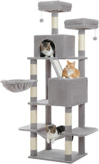 70.8" Tall Cat Tree for Indoor Cats Large Adult, Multi-Level Climbing Tower with Perches, Condo, Hammock, and Sisal Scratching Posts, Easy to Assemble, Light Gray