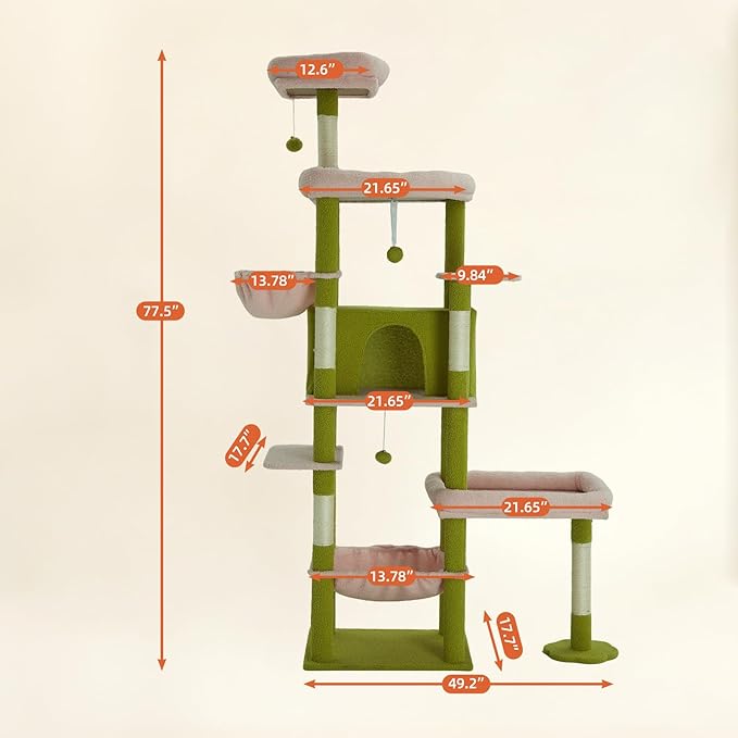 77.5 Inch Cat Tree with Bed, Hammock, Observation Deck, Plush Platform & Toy Ball for Indoor Cats (Green + Pink)