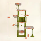 77.5 Inch Cat Tree with Bed, Hammock, Observation Deck, Plush Platform & Toy Ball for Indoor Cats (Green + Pink)