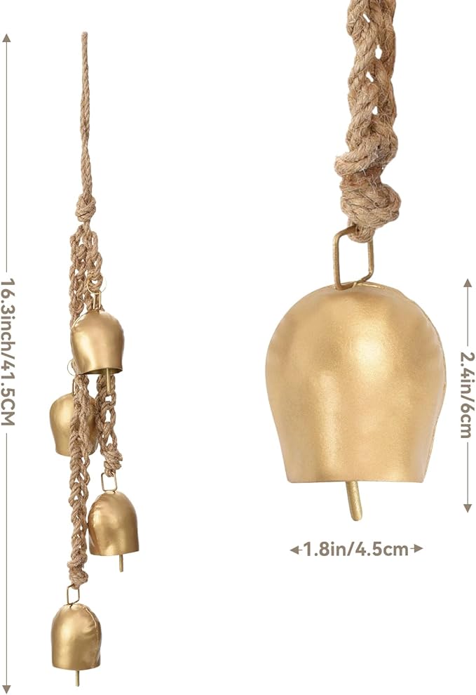 Vintage Hanging Decorative 2 Pack Gold Bells with Jute Hanging Rope - Metal Cow Bells for Christmas Wreath, Garland, Tree, Wedding, Party, Door, Staircase Railings