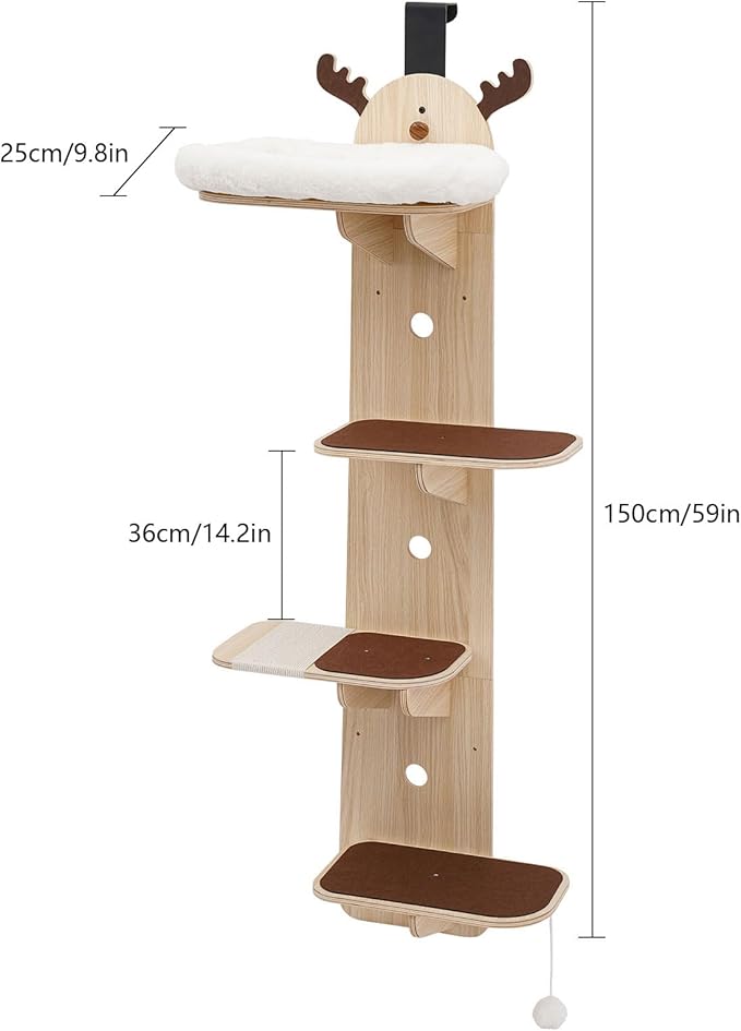 4-Tier Door Hanging Cat Tree, Wooden Door Mounted Vertical Cats Climbing Frame, Bearing Cat Climbing Rack with Cat Nest for Stair, Foyer, Living Room, Enclosed Balcony, Capacity Up to 44.09-55.12 lbs