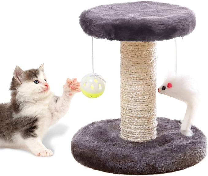 Small Cat Scratching Post and Small Cat Tree Natural Sisal Tower with Round Perch and Plush Ball Furniture Made for Small Cat, Kitten Relax Tree -Grey
