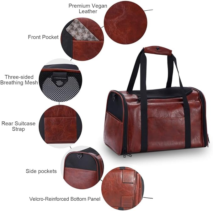 Fashion Dog Carrier Pet Carrier Airline Approved Cat Carrier for Small Dogs Cats Under 15 Lbs, Vegan Leather Collapsible Soft Sided Travel Puppy Carrier