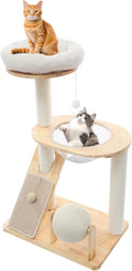 Modern Cat Tree Tower for Indoor, Wooden Multifunctional 38-in Spacious Cat Tower with Bed, Space Capsule, Dangling Ball, Scratching Post, Tilted Angled Ramp