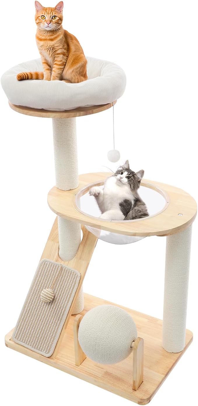 Modern Cat Tree Tower for Indoor, Wooden Multifunctional 38-in Spacious Cat Tower with Bed, Space Capsule, Dangling Ball, Scratching Post, Tilted Angled Ramp