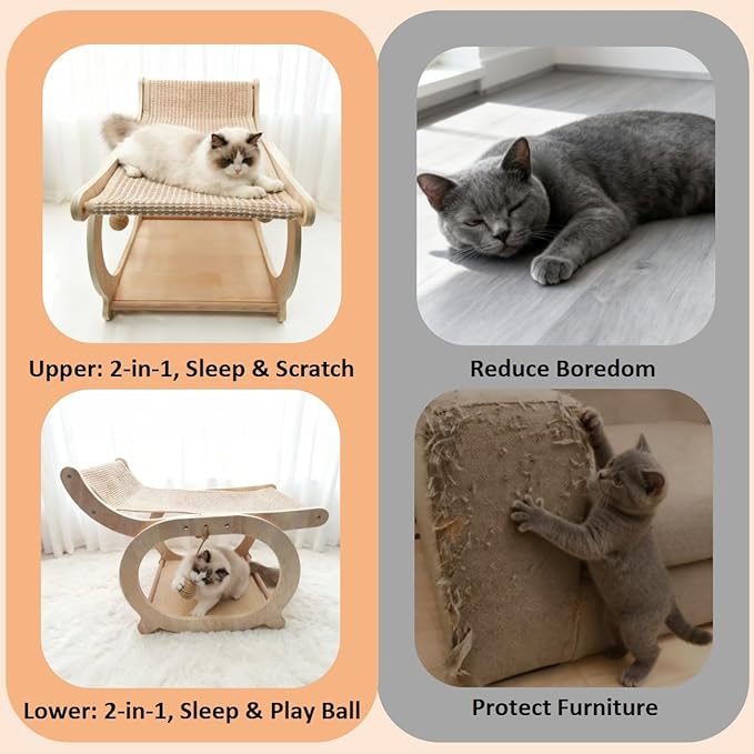 Sisal Cat Scratcher Chair, Elevated Cat Lounge Beds for Indoor Cats, Wooden Pet Hammock Couch for Scratching, Natural