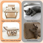 Sisal Cat Scratcher Chair, Elevated Cat Lounge Beds for Indoor Cats, Wooden Pet Hammock Couch for Scratching, Natural