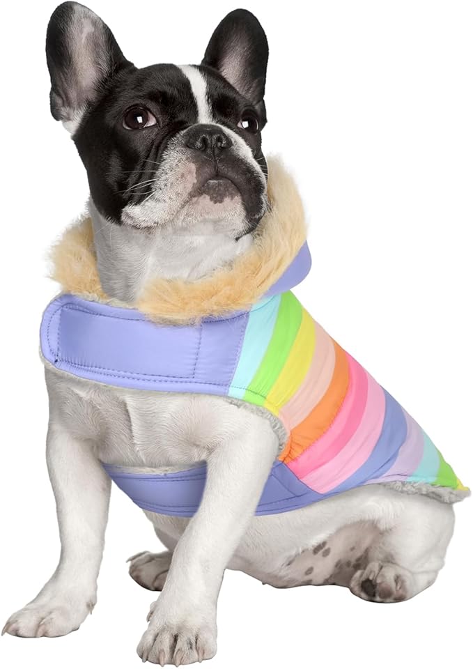 HDE Dog Puffer Jacket Fleece Lined Warm Dog Parka Winter Coat with Harness Hole Pastel Rainbow - M