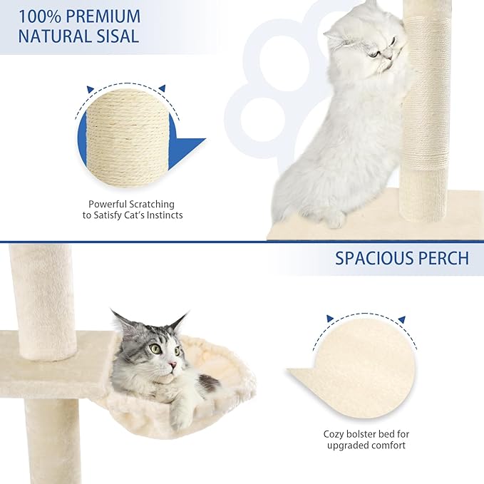 Cat Craft Floor to Ceiling Cat Tree,5 Tiers Tall Cat Tower with Adjustable Height(98-110),Skinny Ceiling Cat Tree with Cozy Hammock,Sisal Scratching Posts,Platforms,and Hanging Balls for Large Cats