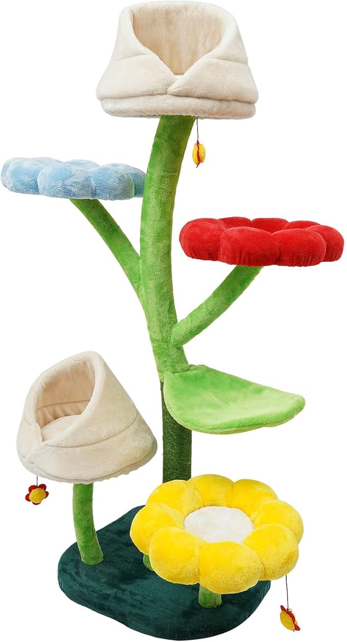 Cute Cat Tree, Flower Cat Tower for Indoor Cats, 63.8" Large Cat Tree with Sisal Scratching Posts, Cozy Basket Large Cat Climbing Frame Activity Center