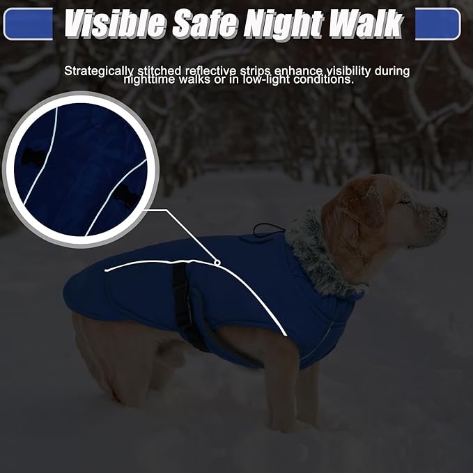 DENTRUN Winter Warm Dog Coat Reflective Jacket with Turtleneck for Cold Weather, Adjustable Buckle Windproof Water Repellent, Thick Snowsuit Fleece Vest for Small, Medium, Large Dogs, Blue, S