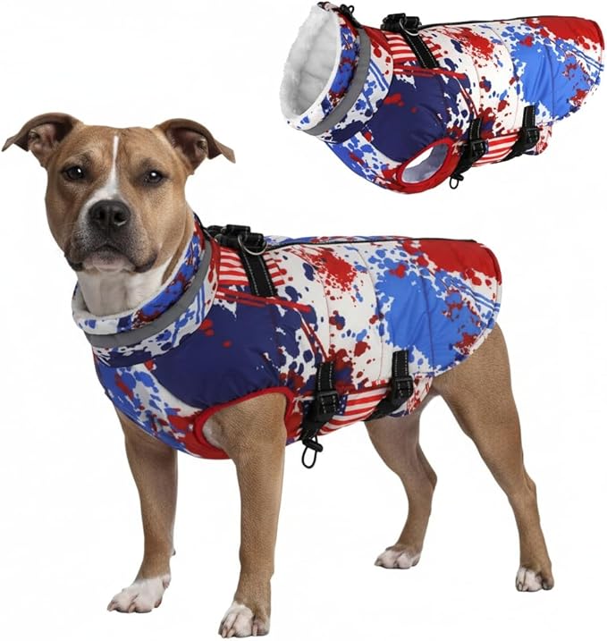 Mklhgty Large Dog Coat with Harness Built-in, Waterproof Reflective Fleece Lined - Warm Windproof Winter Jacket with Back Zipper, Cold Weather Snow Dog Coats - American Flag - XL