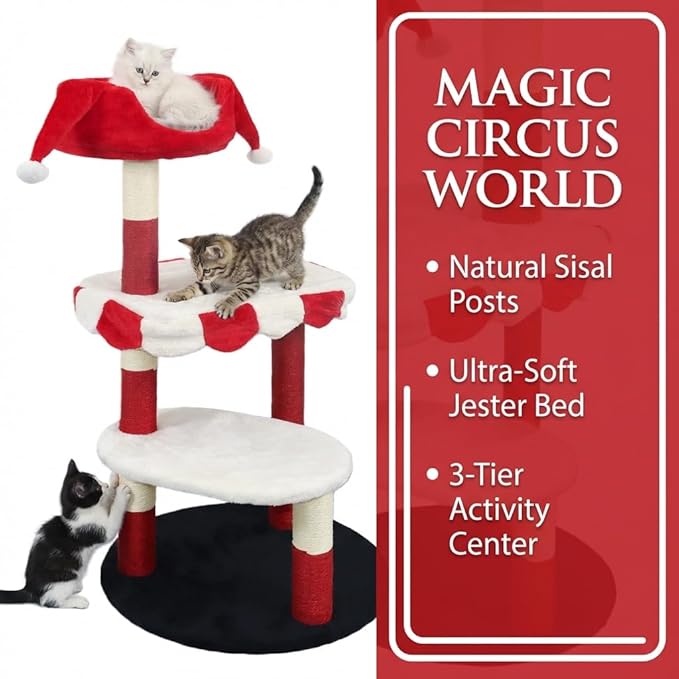 3-Tier Cat Tree, Modern Senior Friendly Cat Tower with Wide Shelves, Scratching Posts, Super Sturdy Base, Cozy Perches, and Interactive Toys for Indoor Kittens, 44.5'' Red & White