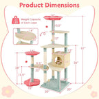 61" Floral Multi-Level Cat Tree Tower with Condo, Scratching Posts, Perches & Toys – Modern Cat Furniture for Indoor Cats, Beige/Blue/Red – Plush & Sisal, 33 lb Per Layer Capacity