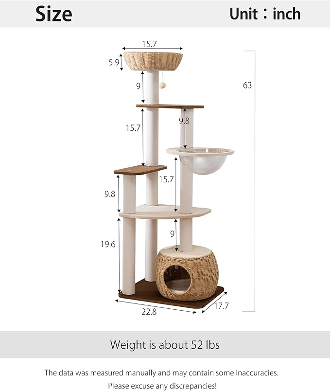 Modern Cat Tree for Large Cat, 63-Inch Tall Cat Tower with Scratching Post for Indoor Cats, Multi-Level Cat Condo with Hand-Woven Cat Bed and Acrylic Bowl