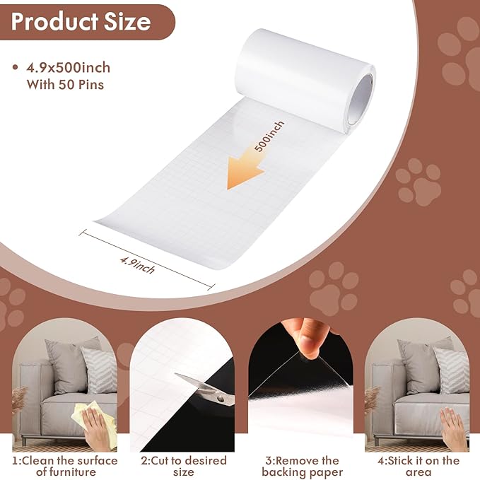 Cat Scratch Furniture Protector - 4.9"x500" Couch Protector from Cat Claws with 50 Pins, Clear Anti Scratch Furniture Protector Cat Couch Protector for Furniture、Door、Wall