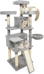 Tangkula 65 Inch Tall Cat Tree, Multi-Level Cat Tower with Sisal Scratching Posts & Board, 2 Condos, 3 Plush Top Perches, Adjustable Basket, 3 Hanging Balls for Indoor Cats (Gray)
