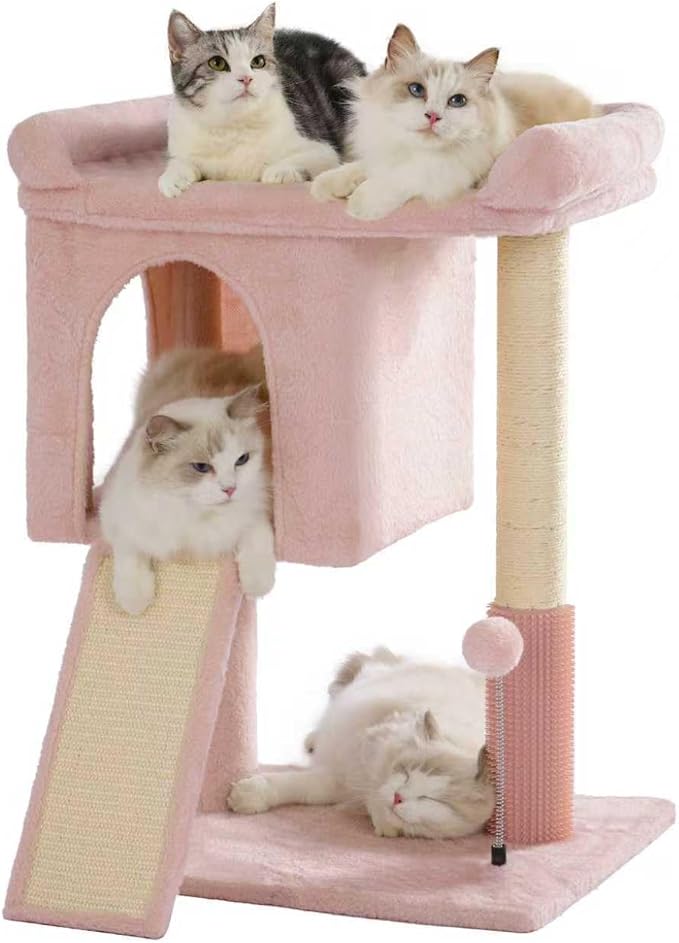 Pink Cat Tree Tower for Large Cats with Large Top Bed 20x13.8”Private Cat Condo,Sisal Scratching Post and Ramp and Self Groomer and Spring Ball-Pink