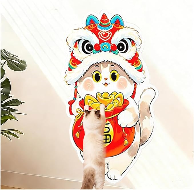 Cartoon Cat Scratching Mat, Cute Wall Cat Scratcher for Christmas, New Year, Pet Scratching Pad with Self-Adhesive Backing, Furniture Protector for Couch Door Sofa Indoor (Lion Dance)