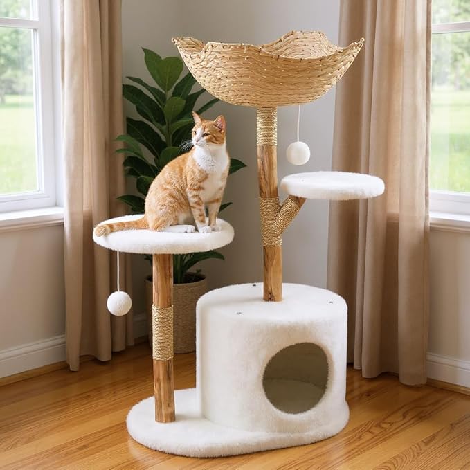 Cat Tree Tower with Bed - Wood Cat Scratching Post, Natural Wicker Tree Stand with Condo & Woven Basket, Multi-Level Climbing Trees Pet Furniture for Large Cats - Two Platform