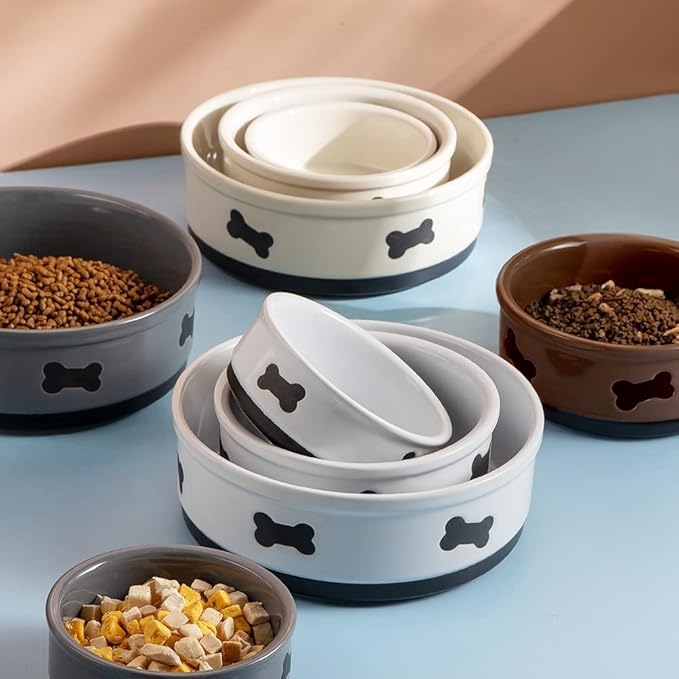 Sweejar Ceramic Dog Bowls with Bone Pattern, Dog Food Dish for Large Dogs, Porcelain Pet Bowl for Water 70 Fl Oz (Beige)