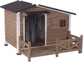 GUTINNEEN Outdoor Wooden Dog House with Metal Frame, Porch and Ventilation Window, Weatherproof Shelter for Small to Medium Dogs, 44.6" L x 41.1" W x 32.9" H (Dark Brown)