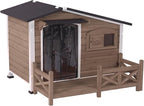 GUTINNEEN Outdoor Wooden Dog House with Metal Frame, Porch and Ventilation Window, Weatherproof Shelter for Small to Medium Dogs, 44.6" L x 41.1" W x 32.9" H (Dark Brown)