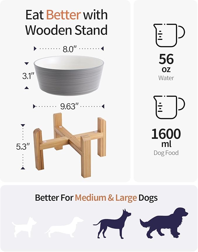 Elevated/Raised Dog Bowl Wood Stand for Medium Large Breed,7.67 in Wide Dog Food Water Dish Holder, Non Slip Modern Cute Porcelain Pet Bowl Stand Height 6.29" Tall Wide Month