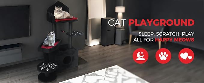 Gothic Cat Tree Tower 44.5" - Spooky Cat Condo with Throne Bed, Hanging Bat, Sisal Scratching Posts & Multi - Level Platforms, Elegant Black Cat Furniture for Indoor Cats