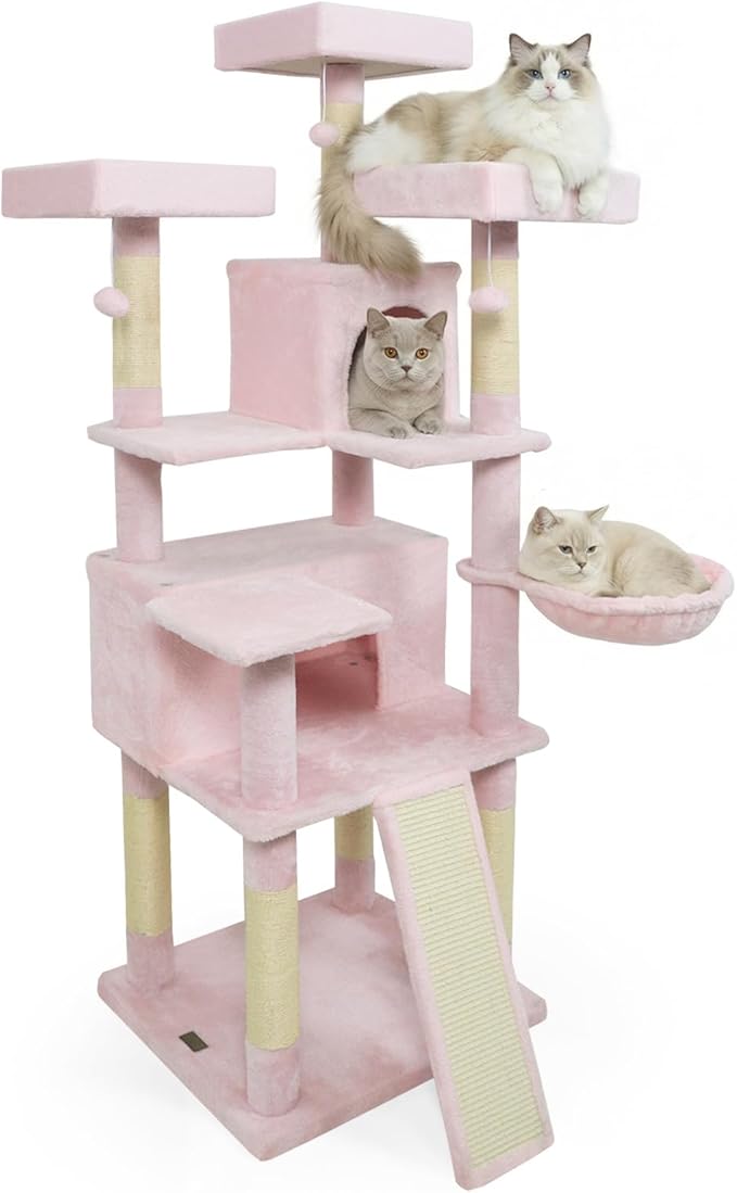 Tangkula 65 Inch Tall Pink Cat Tree, Multi-Level Cat Tower with Sisal Scratching Posts & Board, 2 Condos, 3 Plush Top Perches, Adjustable Basket, 3 Hanging Balls for Indoor Cats (Pink)