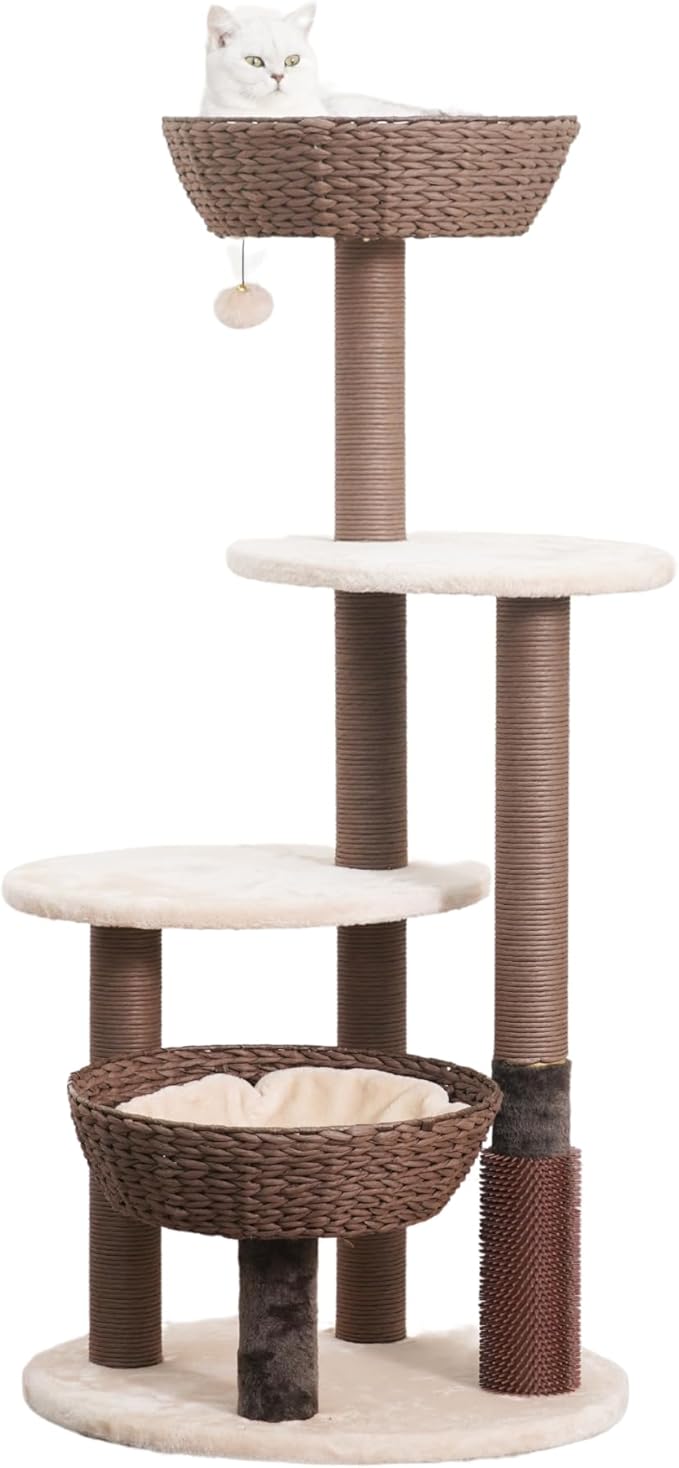 PetPals 49" High 5-Level Large Cat Tree with Replaceable Recycled Paper Rope Scratching Posts, Plush Cushions, Handwoven Basket and nest for Multi Cats, Brown and Beige