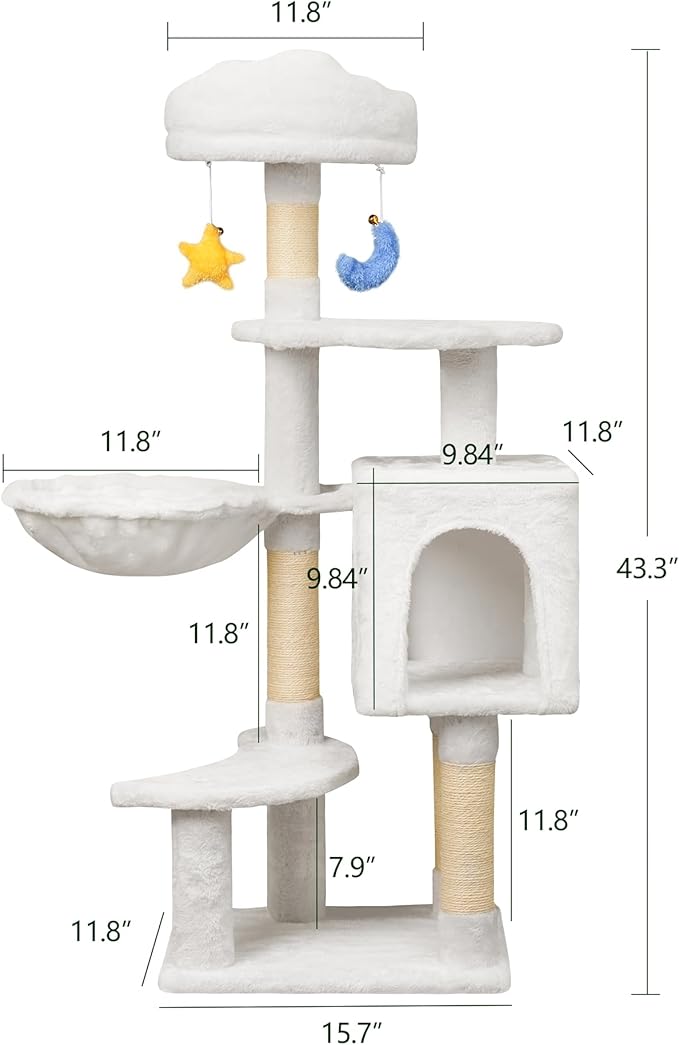 43-Inch Cat Tree,Cute Cloud Cat Tree for Kittens & Small Cats Under 6 Months 9lbs, Cat Tower with Scratching Post, Double Condos, Plush Hammock & Dangling Toys, White