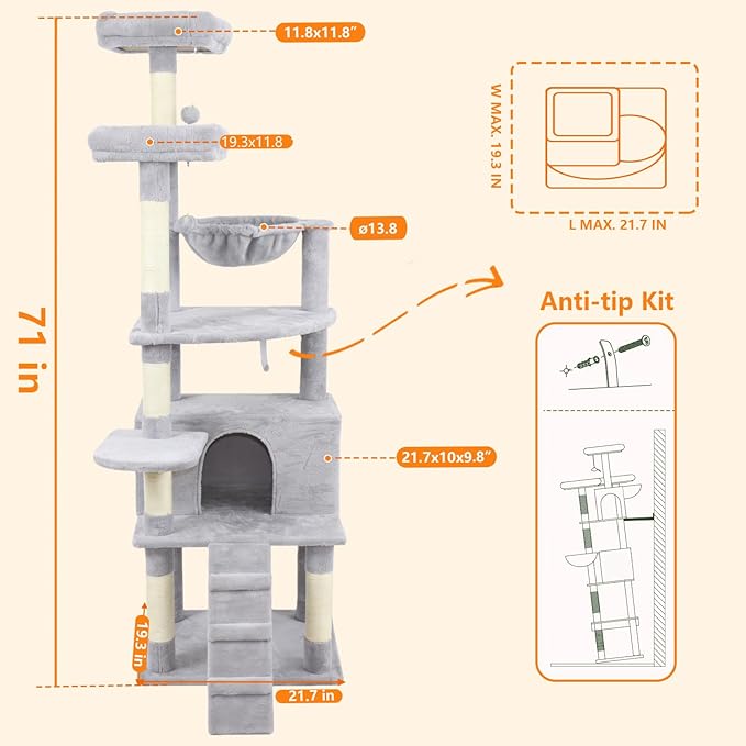71" Tall Cat Tree for Indoor Cats, Multi-Level Cat Tower with Condo, Hammock & Top Perch, Sturdy Cat Activity Center with Scratching Posts, Soft Faux Fur Cat Furniture, Light Grey