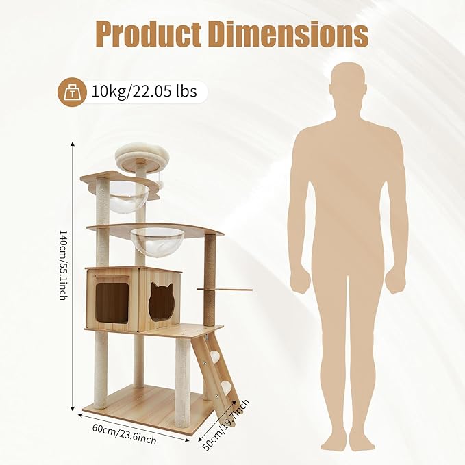 Cat Tower Floor Mount Cat Tree 55.1 in Multi-Level Cat Condos with Scratching Post and Comfortable Plush Hammock 5 Tires Cat Tree for Indoor Cats