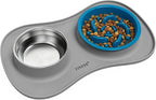 Slow Feeder Dog Bowls Stainless Steel Food and Water Bowl Set 3 in 1 No Spill Waterproof Silicone Pet Food Mat Puppy Feeding Station for Large Medium Small Breed Non Slip Metal Dish Tray by YINEYA