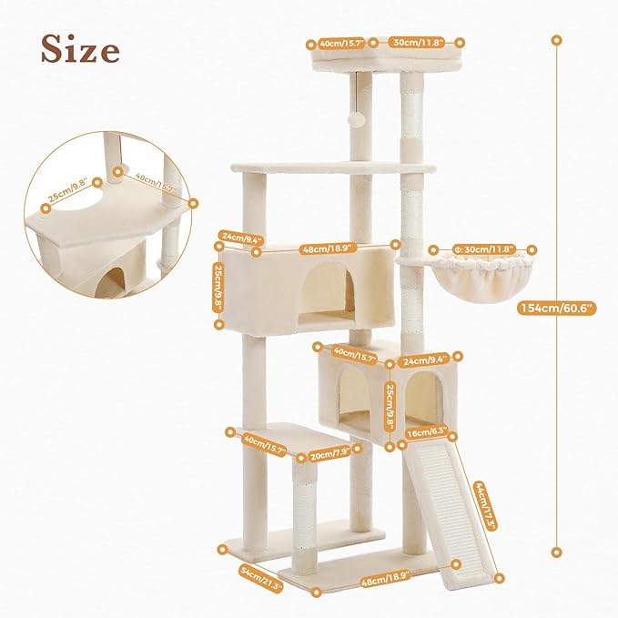 PEQULTI 60'' Cat Tree, Tall Cat Tower with 2 Large Condos, Wide Top Perch, Cozy Hammock and Sisal Scratching Posts for Indoor Cats Lare Adult Beige