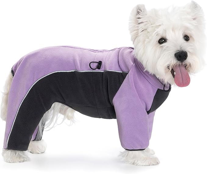 Fleece Dog Coat for Small Medium Dog,Pullover Pajamas Jumpsuit Bodysuit Puppy Coats with Legs, Pet Windproof Warm Cold Weather Jacket Full Body Vest Cozy Snowsuit Outfit Clothes (Purple, M)