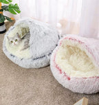 Cat Bed Round Fluffy Hooded Cat Bed Cave, Anti-Anxiety Cave Bed with Hooded Blanket, Cozy Cuddler Luxury Puppy Pet Bed, Anti-Slip Bottom and Machine Washable (Pink, Medium)