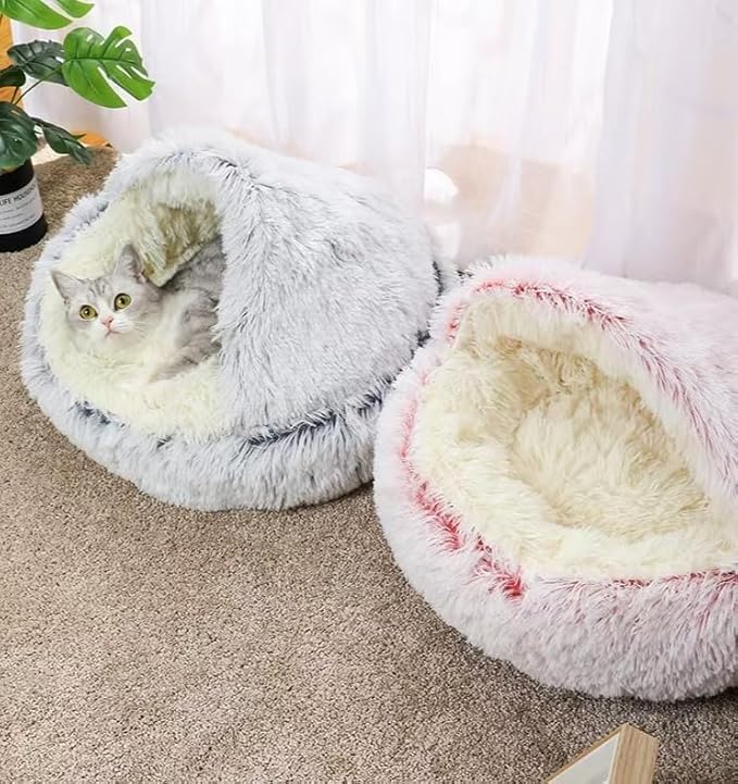 Cat Bed Round Fluffy Hooded Cat Bed Cave, Anti-Anxiety Cave Bed with Hooded Blanket, Cozy Cuddler Luxury Puppy Pet Bed, Anti-Slip Bottom and Machine Washable (Pink, Medium)