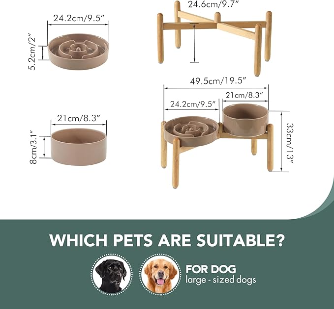 3.2 Cup Ceramic Raised Slow Feeder Dog Bowl Set, Elevated 8.2inch Bowl and 9.5inch Puzzle Slow Food Dish with Wooden Stand for Large Dog, Anti-Gulping (2 x Brown Coffee+ Stand)