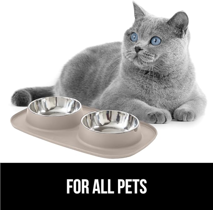 GORILLA GRIP Feeding Mat Bowl Set, 4 Cup 100% Waterproof BPA Free Silicone Base, 304 Stainless Steel Cat and Dog Bowls for Food and Water, Slip Resistant, High Edge, US Designed, Patent Pending, Beige