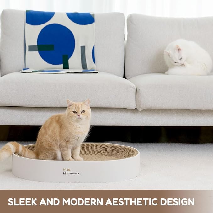 Extra Large Oval Cat Scratcher Lounge Bed - Heavy Duty Double-Sided Cardboard Scratching Pad, Modern White Cat Furniture & Sofa for Large Indoor Cats