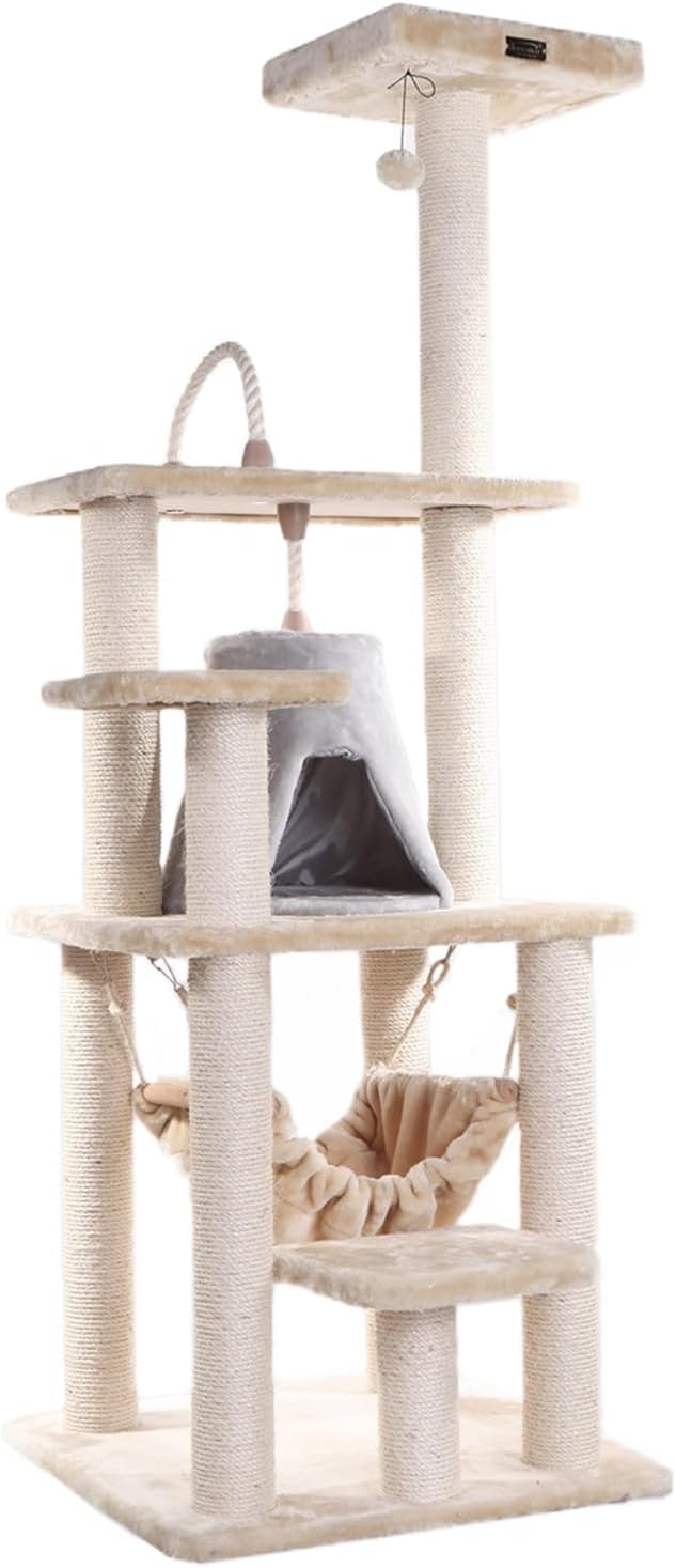 Cat Tree Tower with Hammock - Multi-Level Kitty Condo, Scratching Posts, Soft Faux Fur - 65" Tall