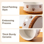 Ceramic Dog Bowls, 3.5 Cups Dog Food and Water Bowl Set for Medium Dogs with Wooden Stand and Non-Slip Silicone Food Mat, Weighted Embossed Cute Puppy Bowls Feeding Dishes Set of 2, 32 OZ