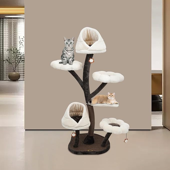 Cat Tree, Multi-Level Cat Tower for Large/Small Cats Climbing Kitty House with Resting Platforms & Scratching Posts Cats Activity Center Cat Climbing High Load Capacity (Brown+White)
