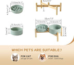 Ceramic 0.9 Cup Raised Slow Feeder Dog Bowl Set, Elevated 6.1inch Slow Dish and 6.1inch Water Bowl with Wooden Stand for Small Dogs (2 x Light Green+ Stand)