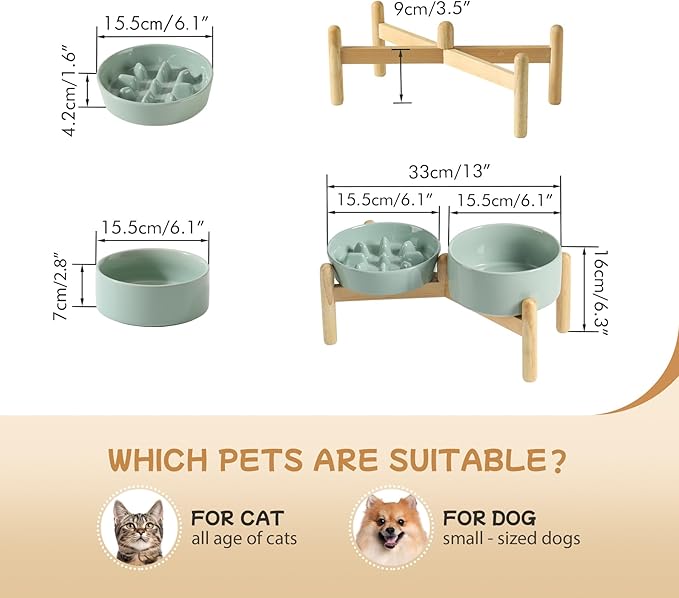 Ceramic 0.9 Cup Raised Slow Feeder Dog Bowl Set, Elevated 6.1inch Slow Dish and 6.1inch Water Bowl with Wooden Stand for Small Dogs (2 x Light Green+ Stand)