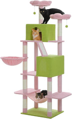 Flower Cat Tree Tall 70.8" for Adult Indoor Cats, 8-Levels Large Cat Tower with 8 Sisal Posts, 2 Hammocks, 2 Condos, Big Perch & 3 Pom Poms for Multi-Cats Household – Carpet Pink