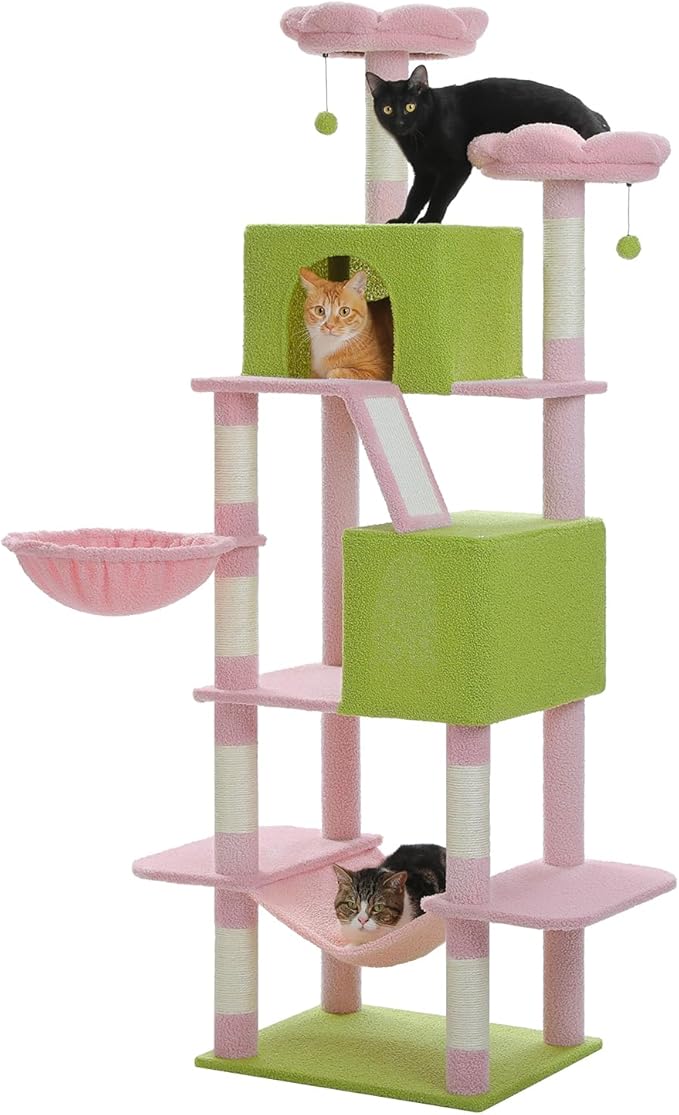 Flower Cat Tree Tall 70.8" for Adult Indoor Cats, 8-Levels Large Cat Tower with 8 Sisal Posts, 2 Hammocks, 2 Condos, Big Perch & 3 Pom Poms for Multi-Cats Household – Carpet Pink
